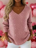 Women's V-neck Solid Color Loose Shiny Sweater