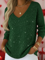 Women's V-neck Solid Color Loose Shiny Sweater