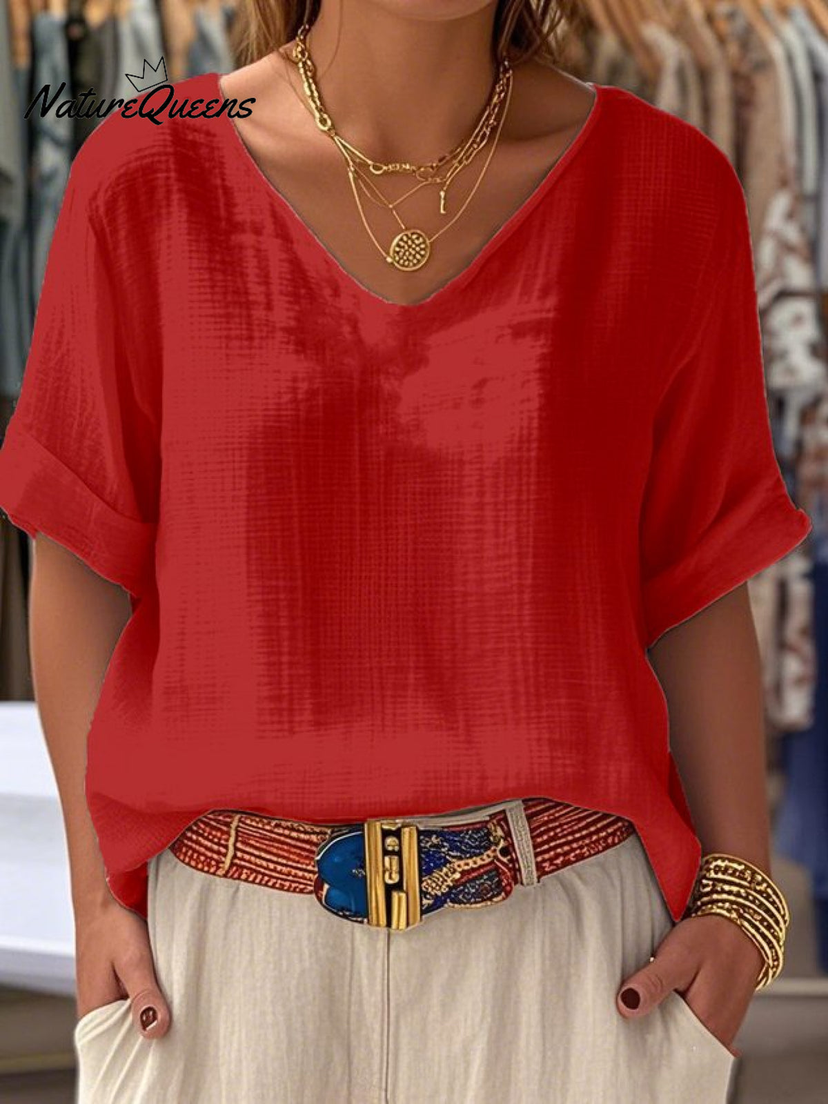 Crew Neck Short Sleeve Plain Regular Loose Tunic Blouse For Women