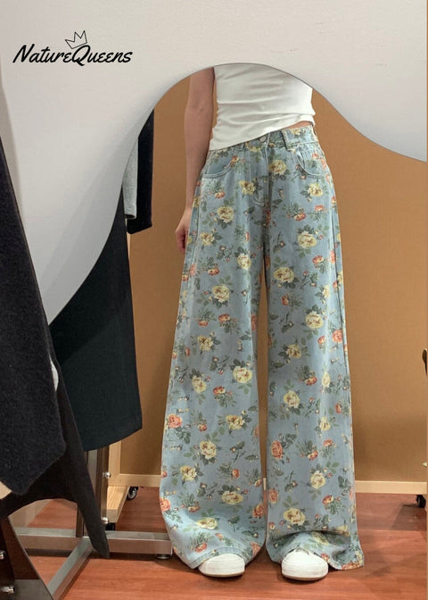 Women Blue Flower Print Denim Wide Leg Pants Fall