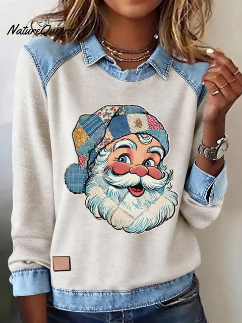 Women's Casual Christmas Print Lapel Long Sleeve Top