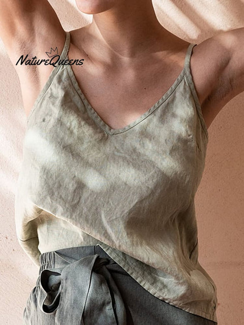 Ladies Cotton Linen V-Neck Casual Camisole Army Green / S