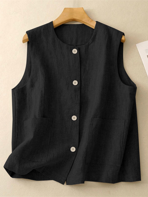 Round Neck Pocket Button Cotton and Linen Vest