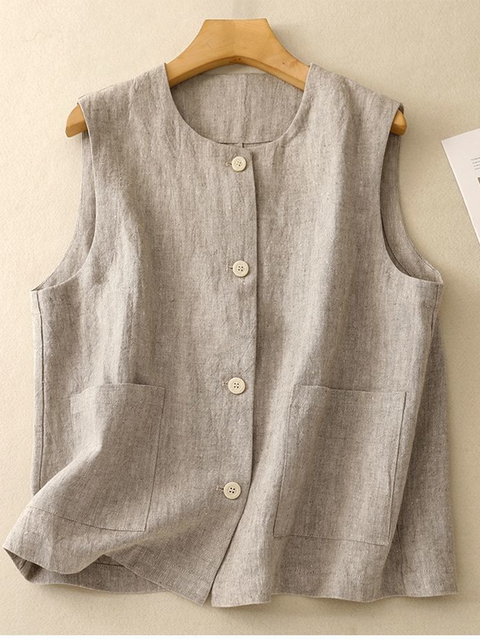 Round Neck Pocket Button Cotton and Linen Vest