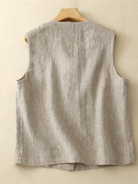 Round Neck Pocket Button Cotton and Linen Vest