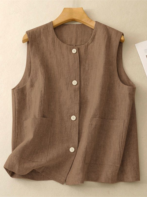 Round Neck Pocket Button Cotton and Linen Vest