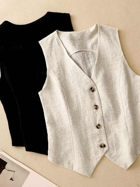 Classic V-neck Button-down Cotton and Linen Vest