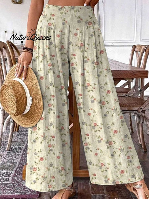 Women's Elegant Simple Floral Pattern Cotton and Linen Pants