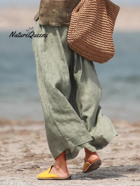 Cotton Loose Vacation Relaxed Elastic Waist Wide Leg Crop Pants