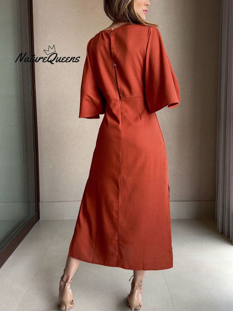 Casual V-neck cotton and linen lace-up dress