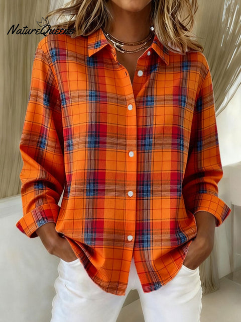Women's Casual Contrast Color Autumn And Winter Retro Plaid Print Shirt