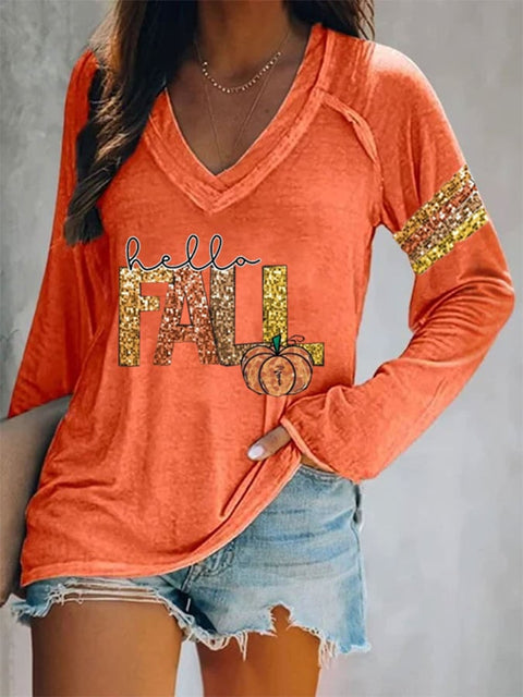 Women's Sequin Pumpkin Autumn Print V-Neck T-Shirt