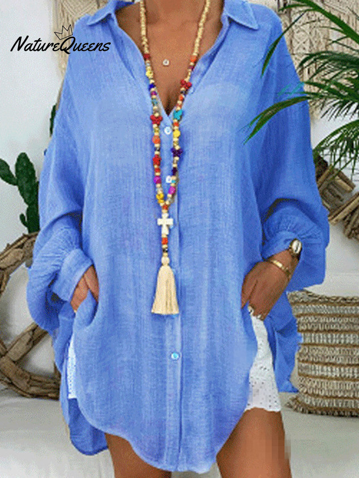 Casual Solid Color Loose Irregular Long Sleeve Shirt Blue / S