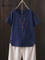 Women’s Solid Color Cotton And Linen Round Neck Button Short Sleeve Irregular Slit At Hem Blouse