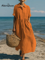 Women's Casual Cotton and Linen Peter Pan Collar Short Sleeve Dress