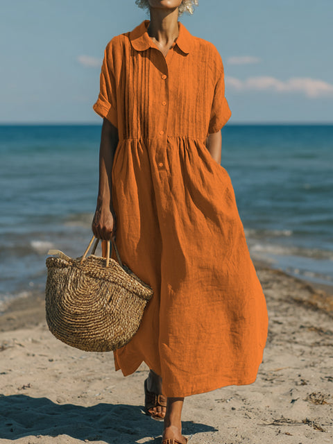 Women's Casual Cotton and Linen Peter Pan Collar Short Sleeve Dress