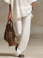 Casual Retro White Cotton And Linen Short-sleeved Top And Wide-leg Pants Set