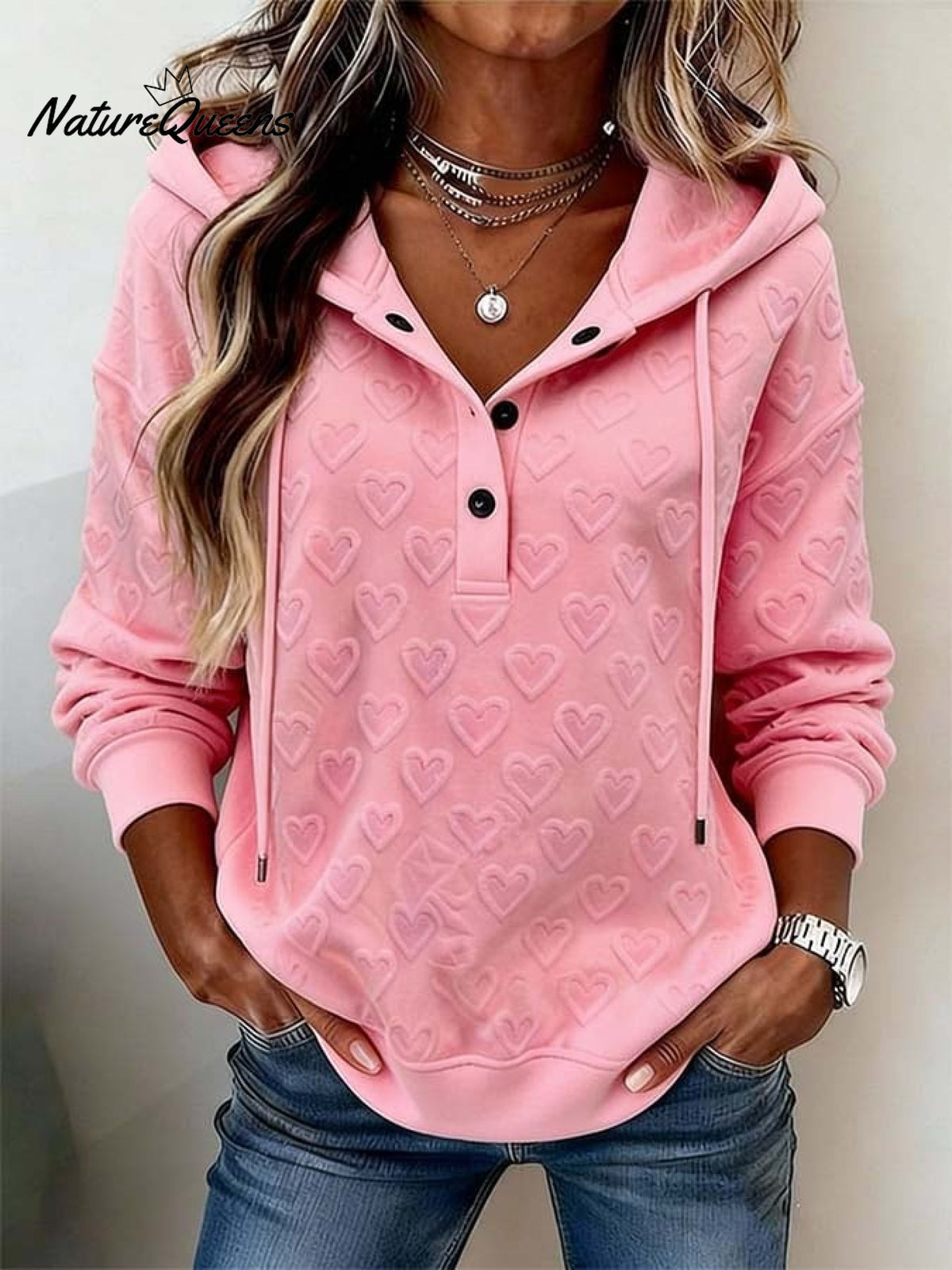 Women'S Casual Heart-Patterned Hooded Pullover Sweatshirt