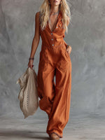 Casual Fashion Western V-neck Front-button Sleeveless Rust-orange Denim Jumpsuit