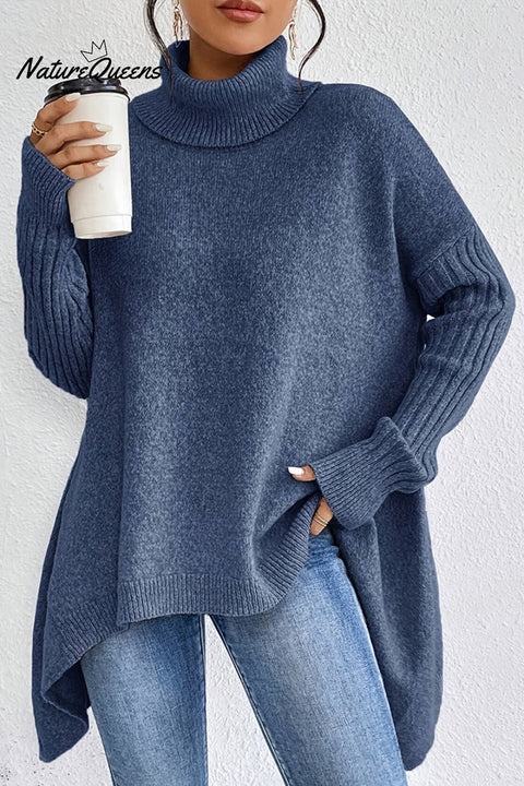 Solid Color High Collar Long Sleeve Loose Knitted Sweater