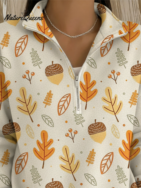Forest Autumn Pine Cone and Leaf Print Lapel Zipper Sweatshirt