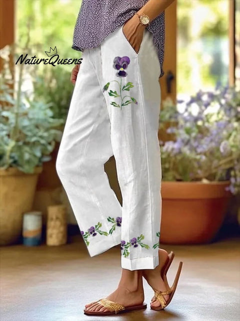 Women's Purple Floral Pansy Dementia Alzheimer's Disease Awareness Printed Cotton and Linen Casual Pants