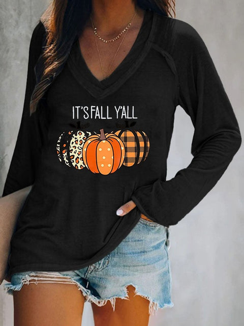 Halloween Bats Print V-neck  Long Sleeve Casual T-Shirt