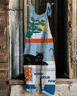 Women's Wash Your Paws Cat Print Casual Jumpsuit