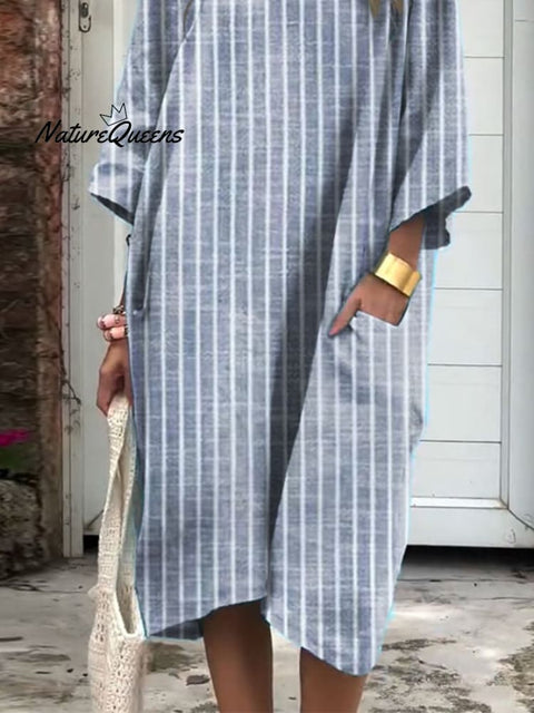 Women's Casual Striped Slant Pocket Round Neck Dress