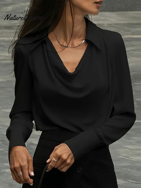Women's Casual Solid Color Lapel Long Sleeve Pleated Shirt