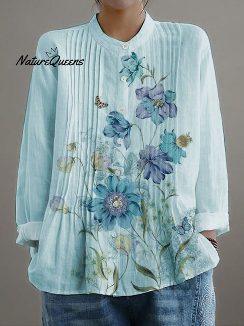 Women's Casual Loose Floral Cotton And Linen Shirt