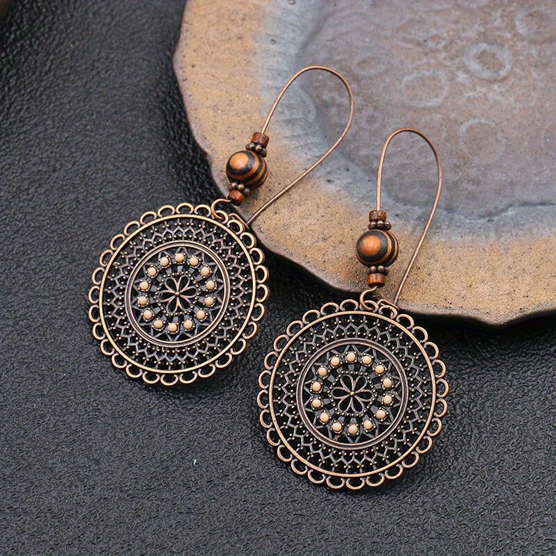 Retro Fashion Round Flower Rhinestone Wooden Beads Ethnic Style Earrings