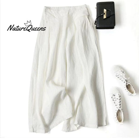 Cotton Linen Loose Semi - Elastic Cropped Pants White / S
