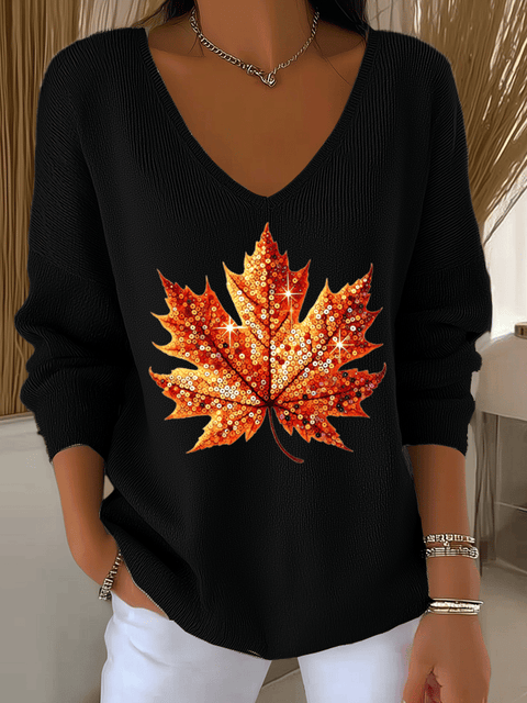 Women's Sequined Maple Leaf Printed Casual Striped Fabric Long Sleeve T-Shirt