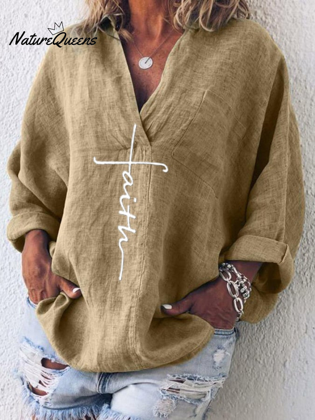 Women's Faith Printed Casual Long Sleeve V-Neck Cotton And Linen Shirt