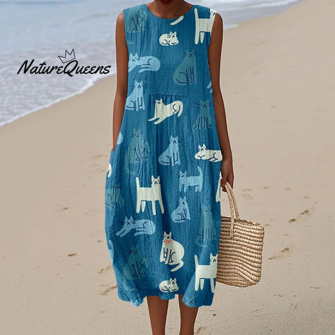 Lovely Cats Pattern Print Linen Tank Dress