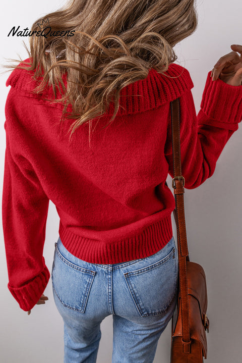 Red V-Neck Hooded Sweater