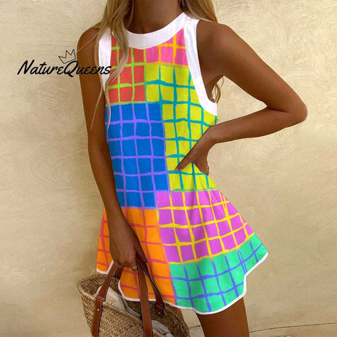 Women's Sleeveless Colorblock Plaid Printed Dress