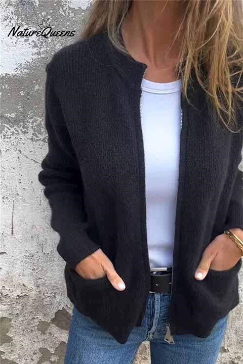 Solid Color Long Sleeve Zipper Pocket Casual Knitted Cardigan