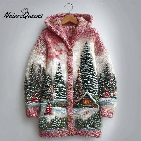 Snowy Christmas Landscape Cozy Knit Hooded Cardigan