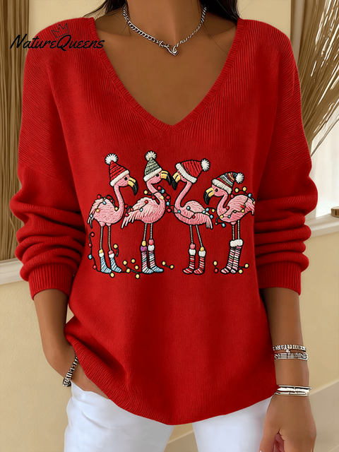 Women's Christmas Flamingo Print Knit Long Sleeve Top