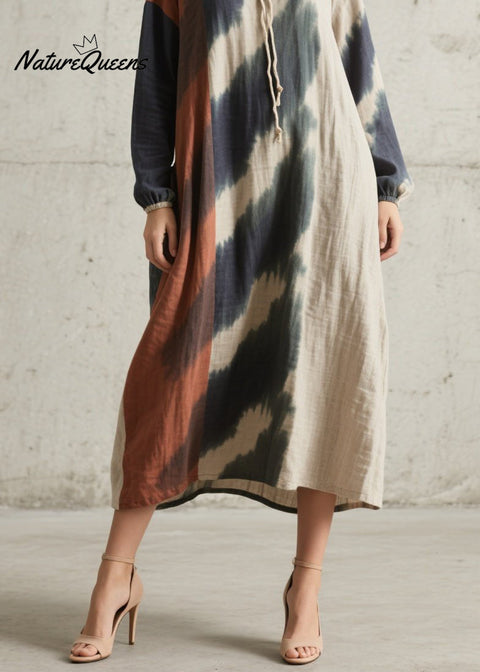 Original Design O Neck Tie Dye Cotton Maxi Dresses Fall