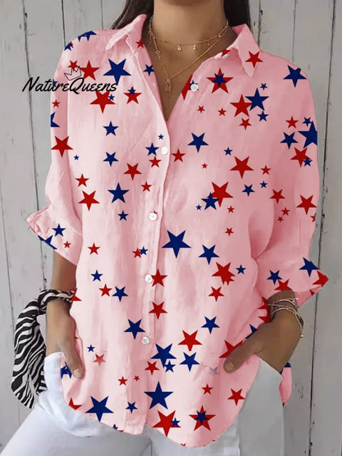 Women's Fashion Casual Independence Day Star Printed Cotton and Linen Shirt