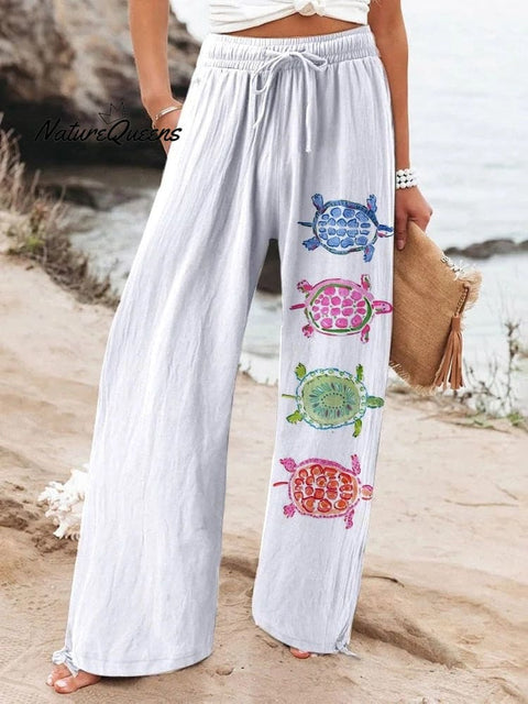 Women's Elegant Watercolor Sea Turtle Pattern Cotton And Linen Wide Leg Casual Pants