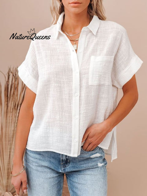 Women’s Cotton Linen Short Sleeves Ladies Lapel Buttoned Shirt White / S