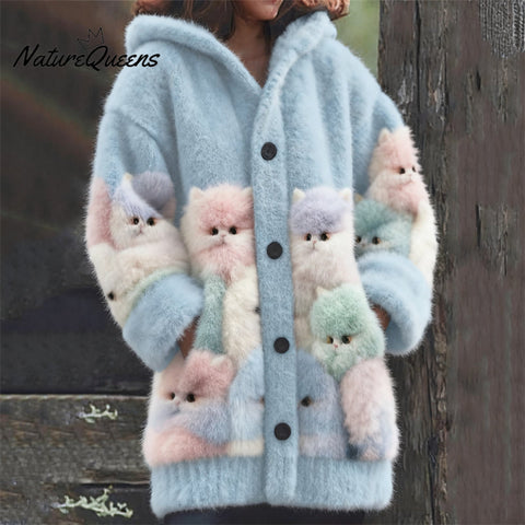 Colorful Fuzzy Cats Cozy Knit Hooded Cardigan