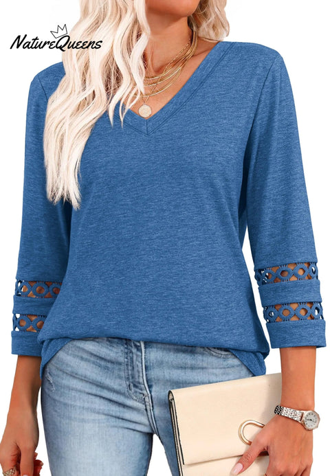 2025 New Womens 3/4 Length Sleeve Tops Trendy V Neck T Shirts