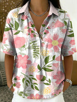 Women's Vintage Floral Art Print Cotton-linen Short-sleeve Shirt