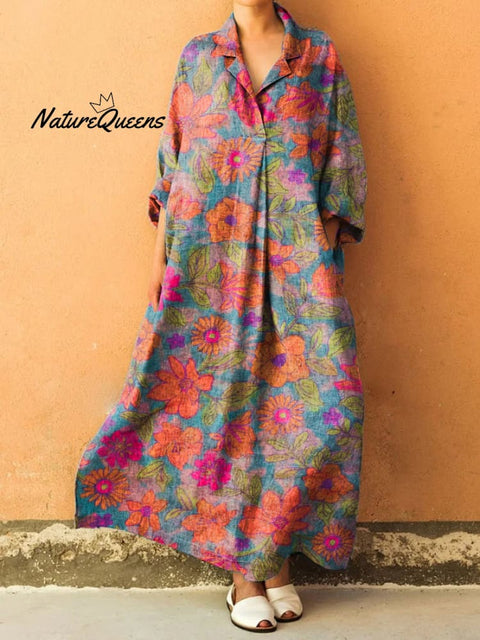 Bohemian Floral Print Shirt Collar Long Sleeve Loose Dress