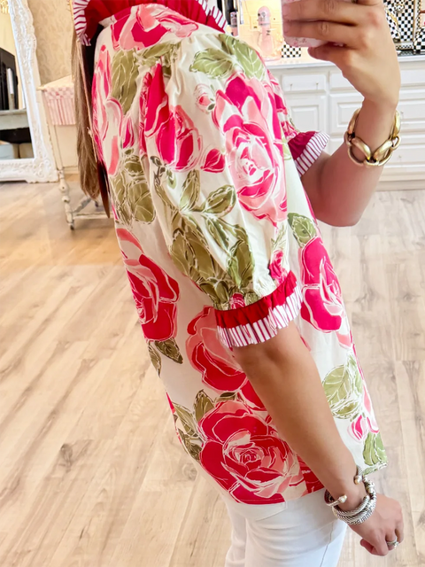 Coral Flower Print Contrast Trim Top